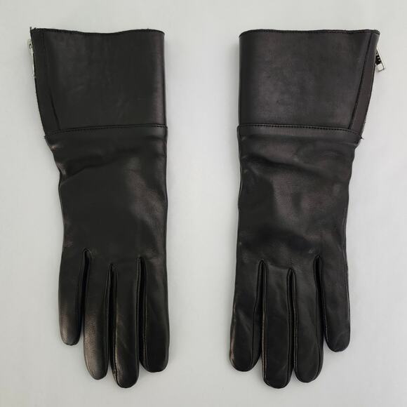 no brand Accessories - Soft Black Leather Long Gloves with Shearling and Wool Lining Size Small